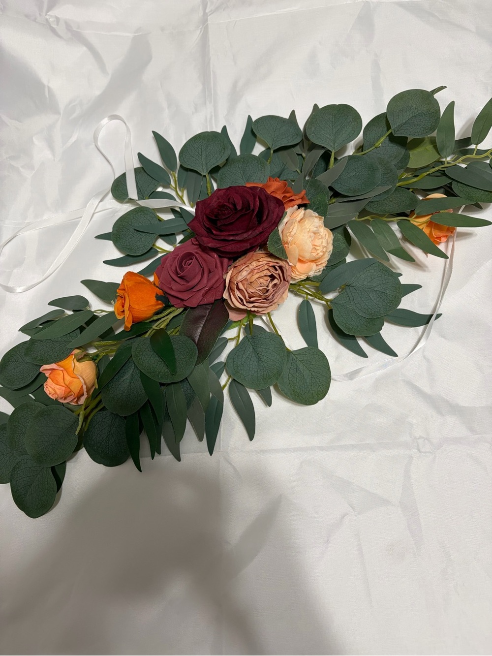 DIY Faux Eucalyptus Garland with Burgundy, Peach and Orange Roses - Home Accents